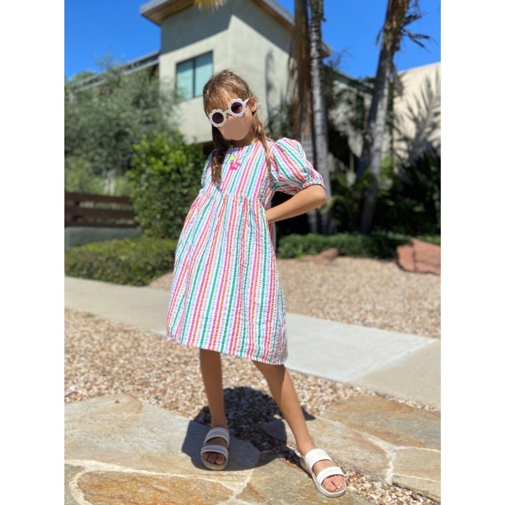 Cotton On Kids Girls Size 9-10Y Striped Rainbow Puff-Sleeve Dress